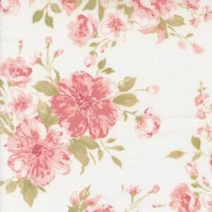 Vintage floral pattern with pink flowers and green leaves on a light background.