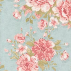 Vintage floral pattern with pink roses on a light blue background.