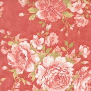 Vintage floral pattern with pink roses on a muted red background.