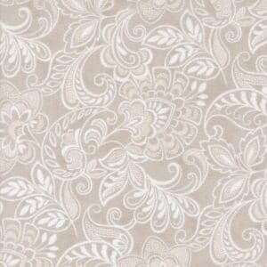 Elegant beige floral damask pattern with intricate swirls.