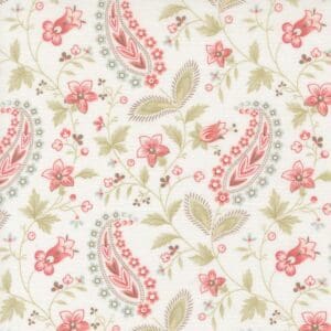 Delicate floral and paisley pattern in soft pink, green, and beige tones.