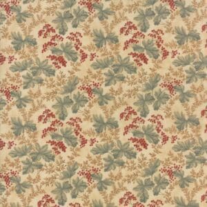 Vintage floral pattern with red and green leaves on beige background.