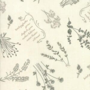 Delicate botanical sketches of various herbs and flowers on a light background.