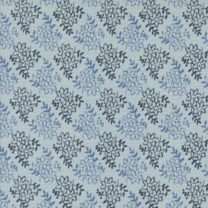 Blue fabric with a repeating intricate floral pattern.