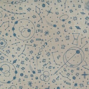 A fabric pattern featuring whimsical astronomical and scientific symbols on a light background.