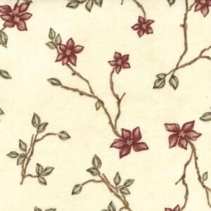 Pattern of delicate branches with red flowers on a cream background.