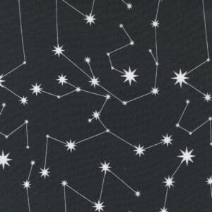 A dark background with interconnected white star-like dots forming constellations.