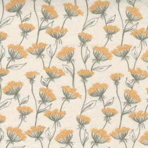 Seamless floral pattern with orange flowers and green leaves on beige.
