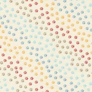 Colorful paw prints arranged in diagonal stripes on a light background.
