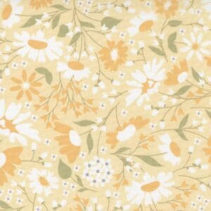 Soft floral pattern with yellow and white flowers on a light background.