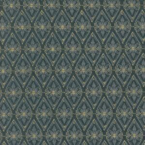 Intricate vintage wallpaper with a diamond and floral pattern in muted blue and green tones.
