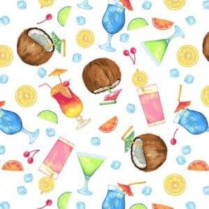 Colorful tropical drinks with garnishes in a seamless pattern.