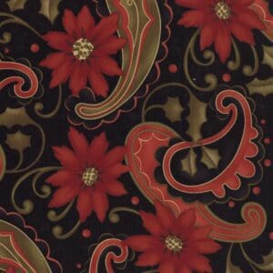 Red floral and paisley pattern on a dark background.