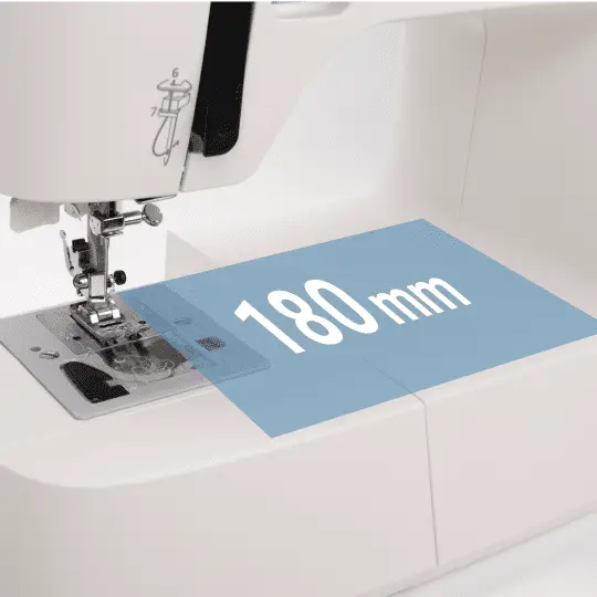White sewing machine showing 180mm workspace