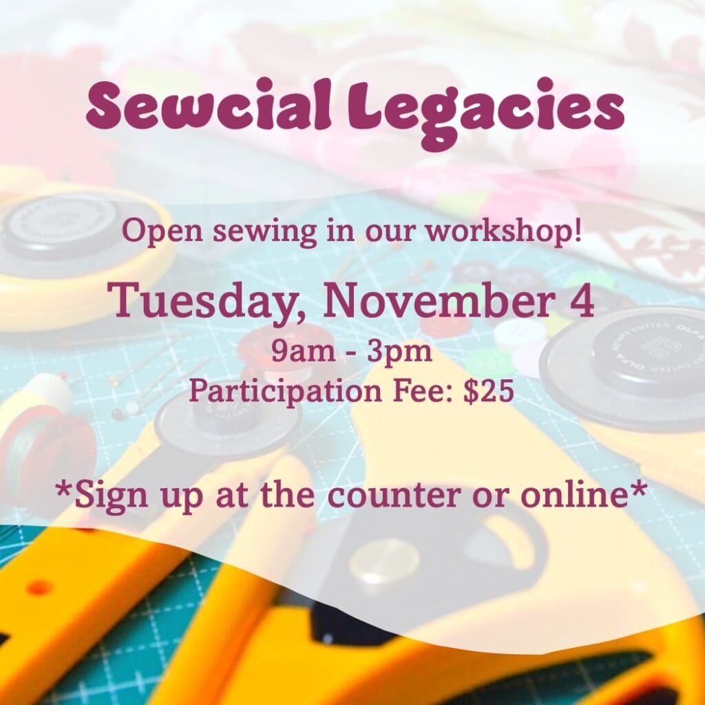 Sewing workshop event details with tools background.