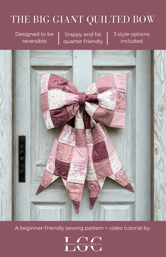 Patchwork quilted bow on wooden door.