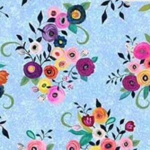 Colorful floral pattern on a blue background.
