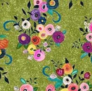 Colorful floral pattern on green background.
