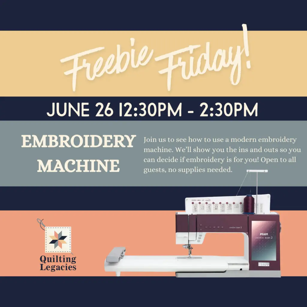 Freebie Friday embroidery machine event flyer