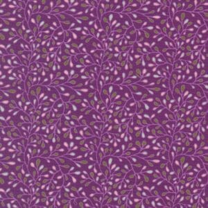 Purple fabric with pink leafy pattern.