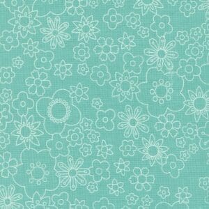 Teal background with white floral pattern.