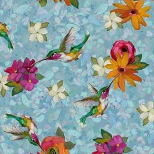 Colorful hummingbirds and flowers on blue background.