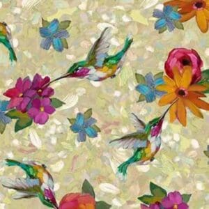 Colorful hummingbirds and flowers on patterned background.