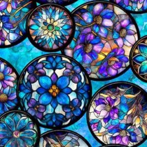 Colorful circular stained glass floral patterns.