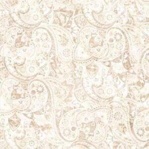 Intricate beige paisley pattern on white background.