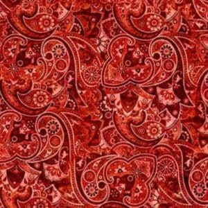 Intricate red paisley pattern with floral elements.