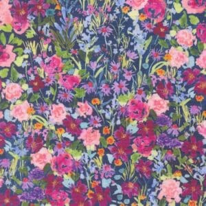 Colorful floral pattern on dark blue fabric.