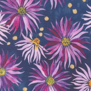 Pink and purple flowers on dark fabric.