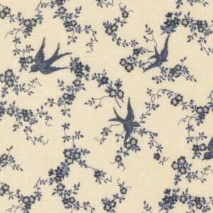 Blue birds and branches on beige background.