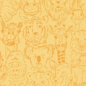 Cartoon animal faces on orange background.