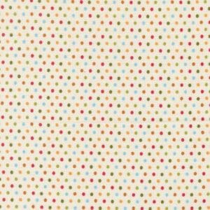 Colorful polka dot pattern on white background.