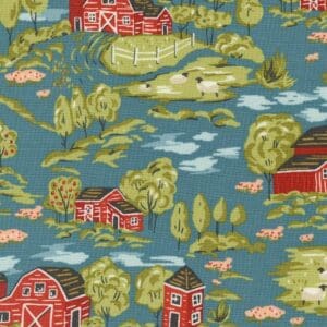 Pastoral scene with red barns and trees.