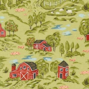 Illustrated farm scene with barns and sheep.