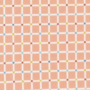 Pink grid pattern with colorful dots.