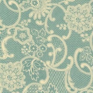 Intricate floral lace pattern on teal background.