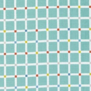 Colorful grid pattern on light blue background.