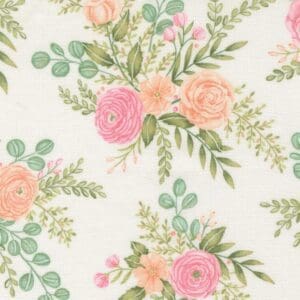 Floral pattern with pink and green flowers.