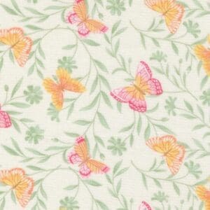 Floral pattern with colorful butterflies and leaves.
