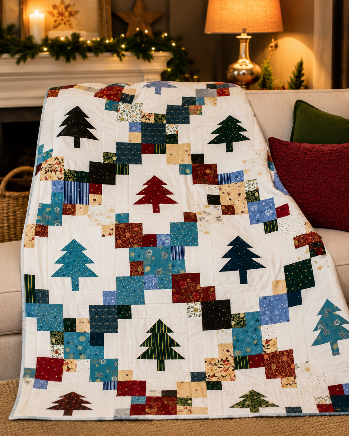 Christmas tree patchwork quilt draped on sofa