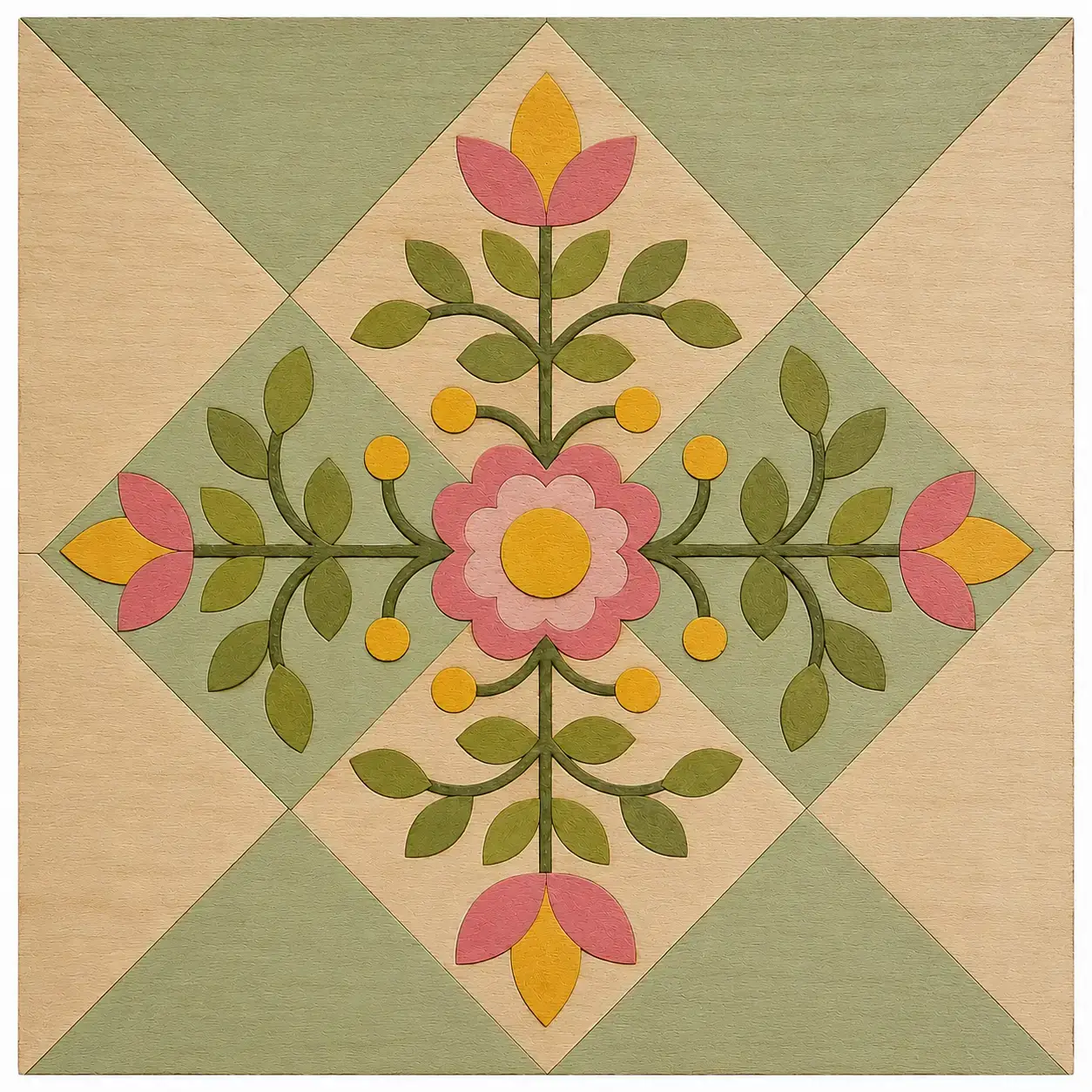 Symmetrical floral quilt block with pink, green