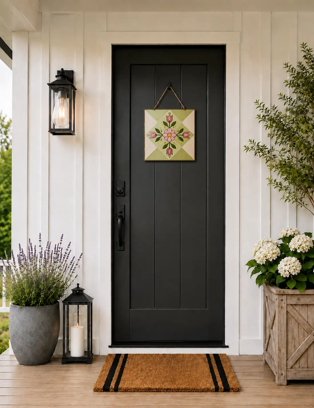 Black front door with floral sign and plants
