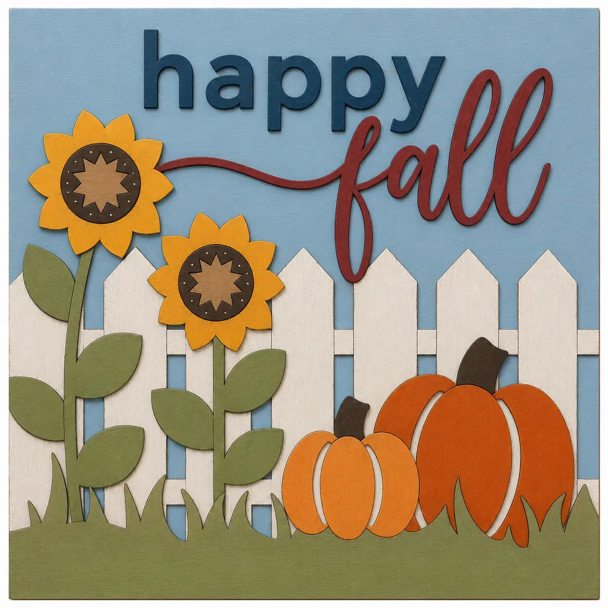 Happy fall sign with sunflowers and pumpkins