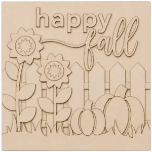 Wooden happy fall sign with sunflowers and pumpkins
