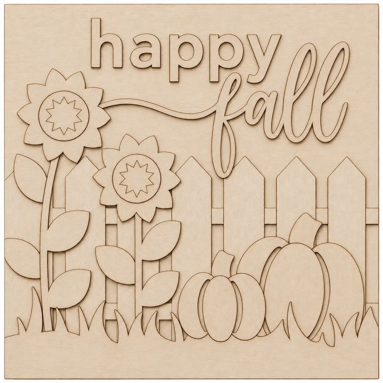Wooden happy fall sign with sunflowers and pumpkins