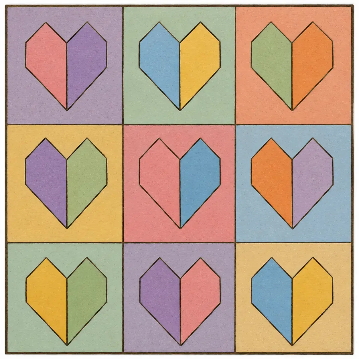 Nine colorful geometric hearts in pastel grid