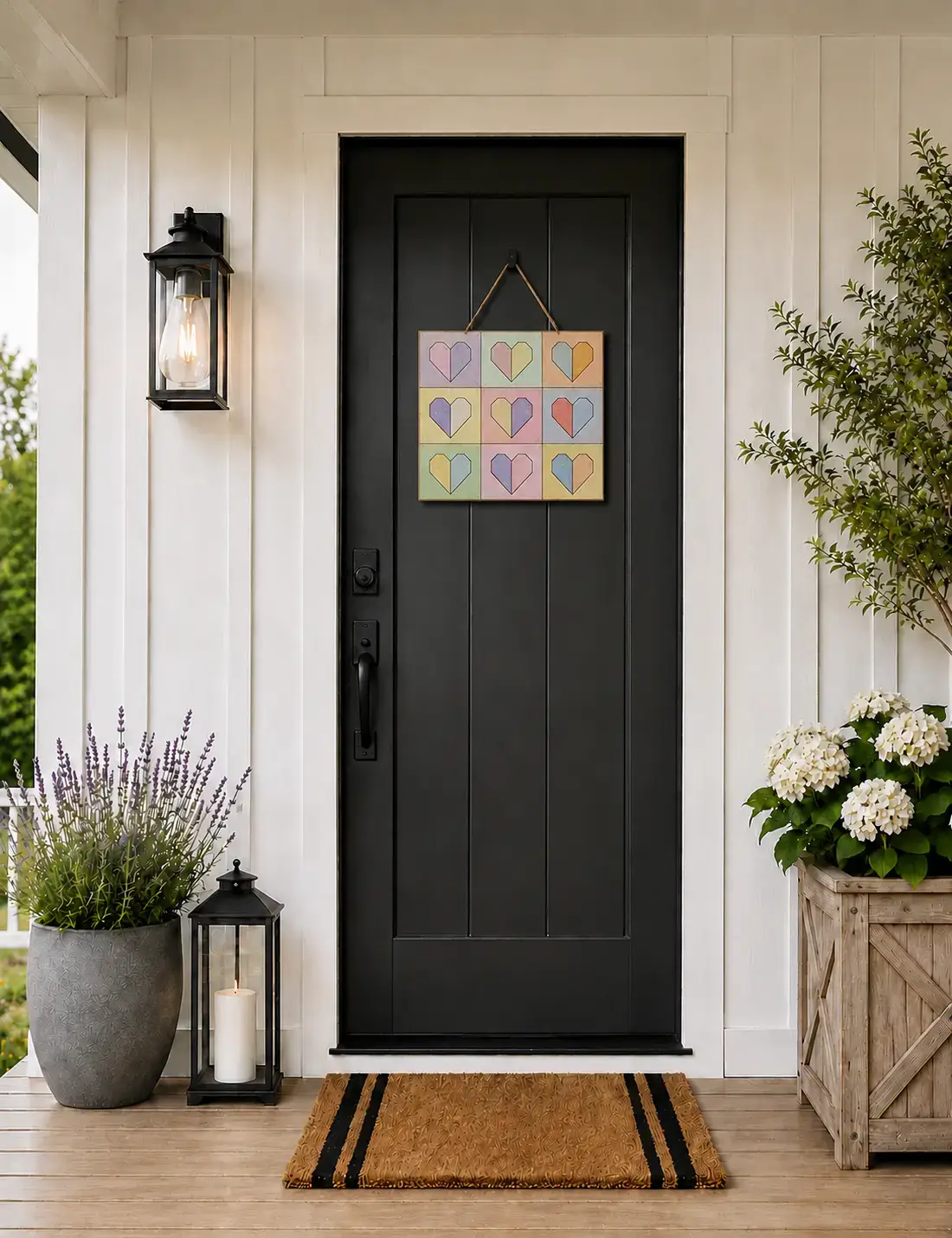 Black front door with colorful heart sign